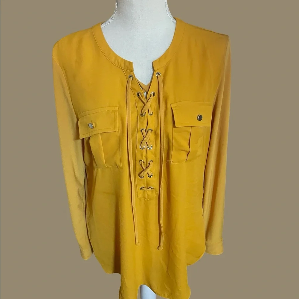 Nygard lace up blouse long roll up tab sleeve MEDIUM marigold pockets spandex - Picture 5 of 16